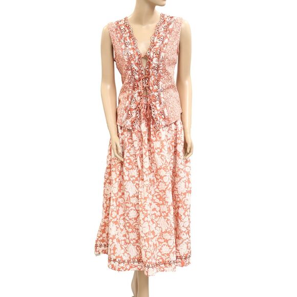 Free People Gesibelle Printed Top & Maxi Skirt Set Eyelet Embroidered L 279621 - Picture 5 of 9